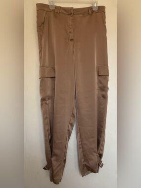 Women's Brown Satin Cargo Jogger Pants